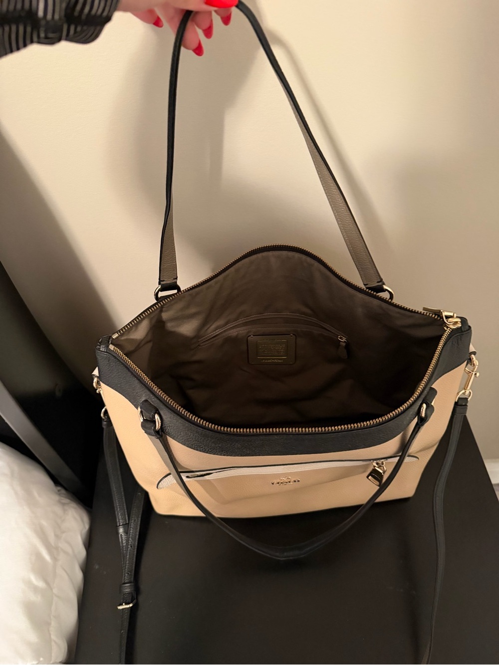 Coach Two-Tone Pebble Leather Tote in Beige and Black - Picture 4 of 4